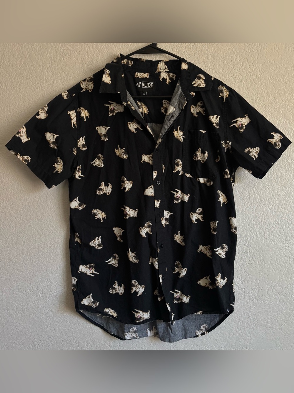 Large RUDE Black Short-Sleeve Button-Up Shirt with Pug Print